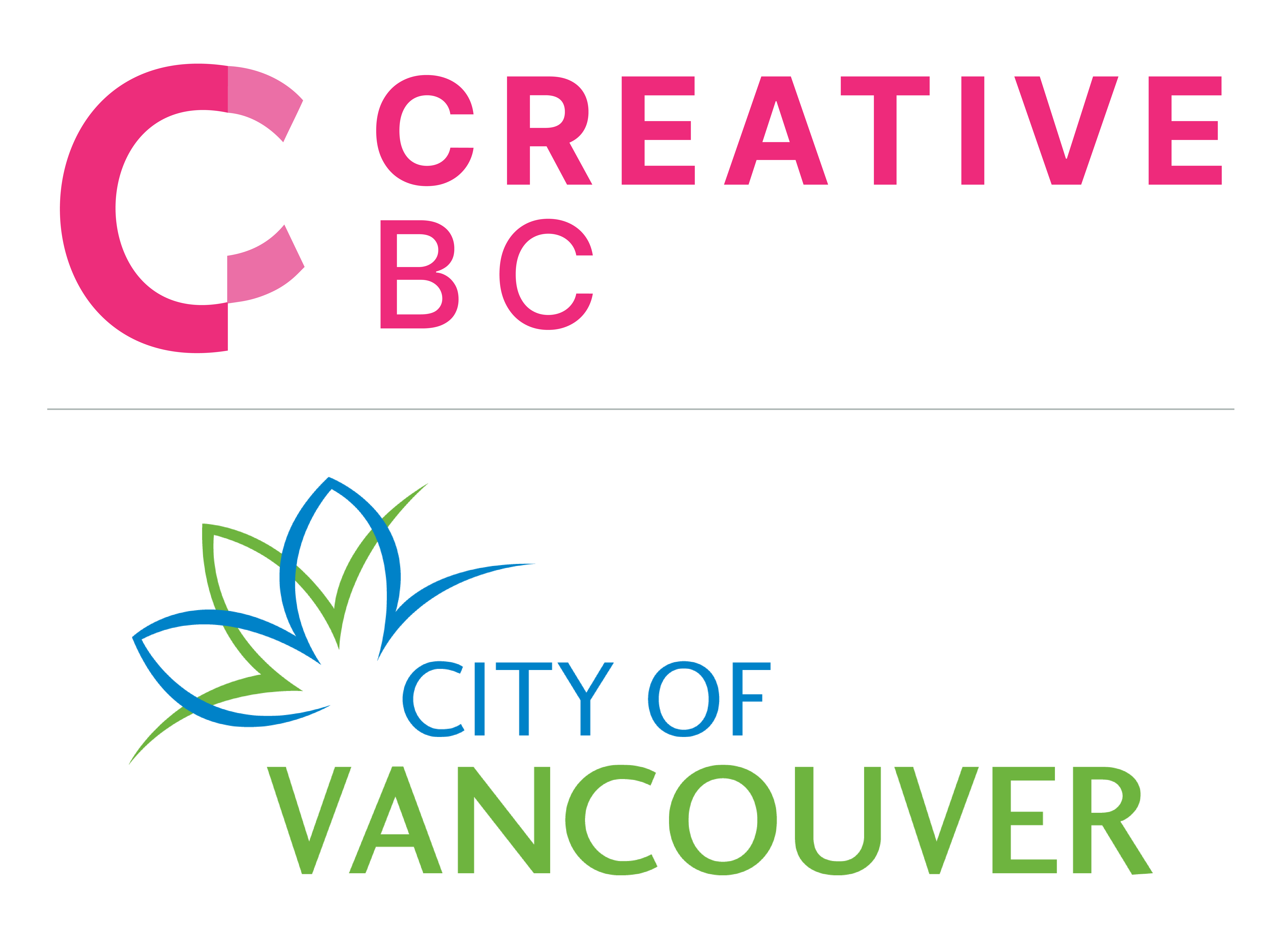 The pink Creative BC logo is shown over the blue and green City of Vancouver logo