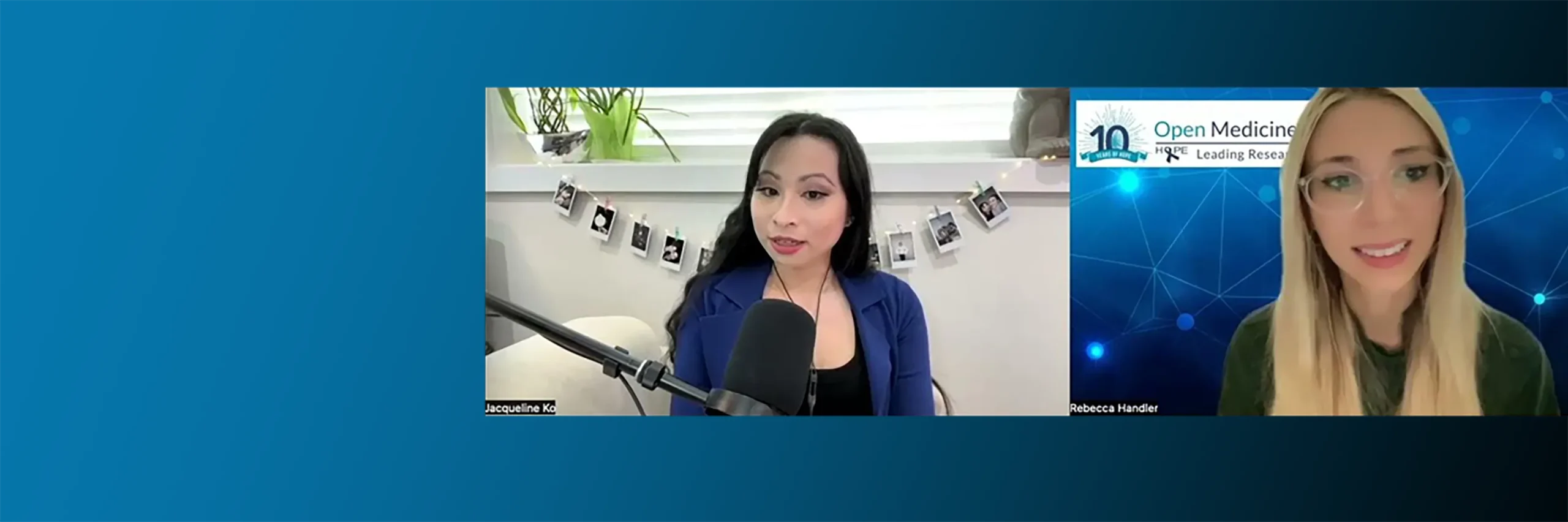 a split screen view of Jacqueline Ko, a Chinese-Canadian woman with long black hair wearing blue, and Rebecca Handler, a whilte woman with long blonde hair
