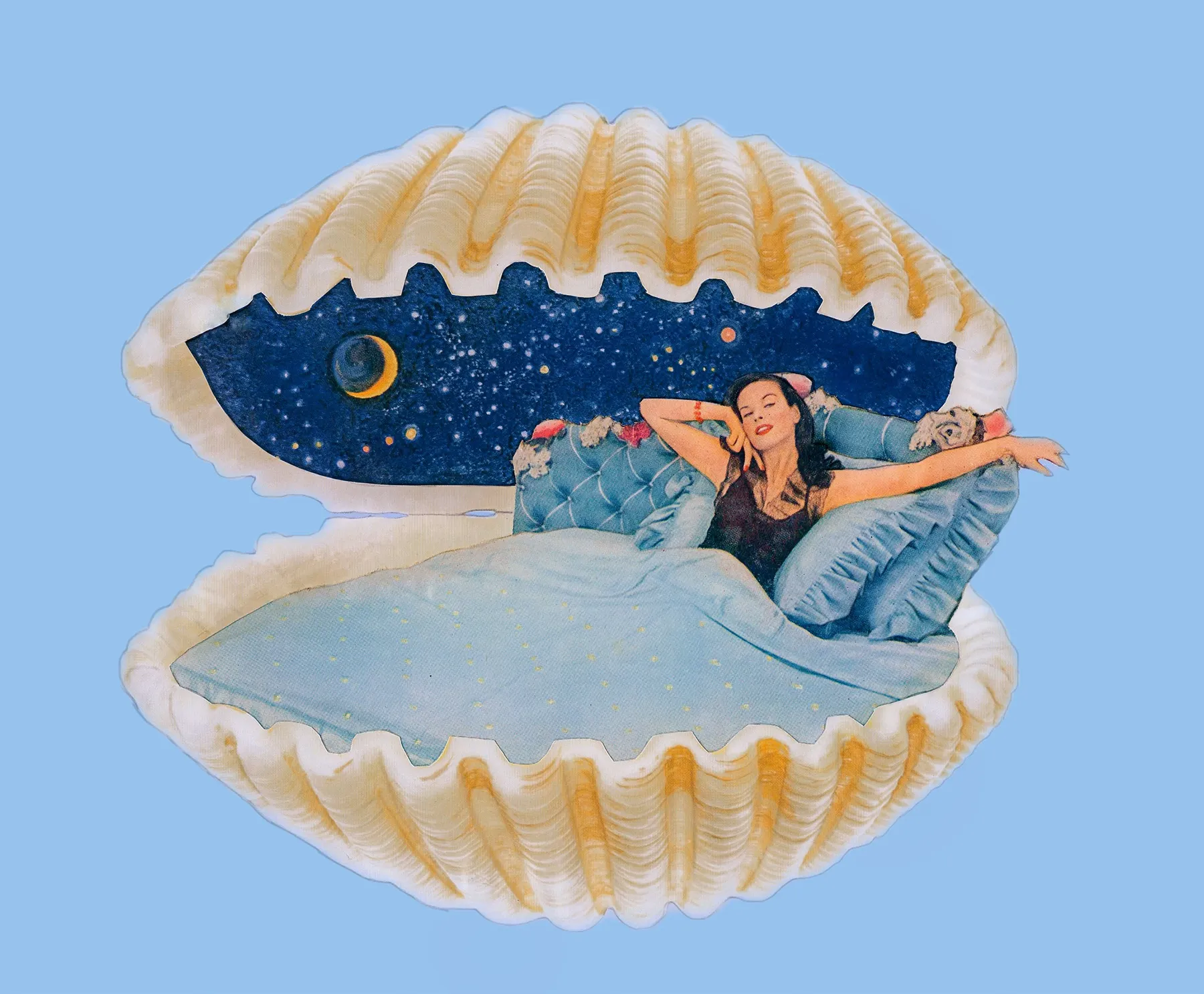 Surreal collage of a large shell that has been opened. Inside its base is a light blue bed with a white woman who has black hair and red lips. She is sitting up and stretching out her arms as if she has just awoken from a deep slumber. The roof of the shell is a starry night sky with a crescent moon.