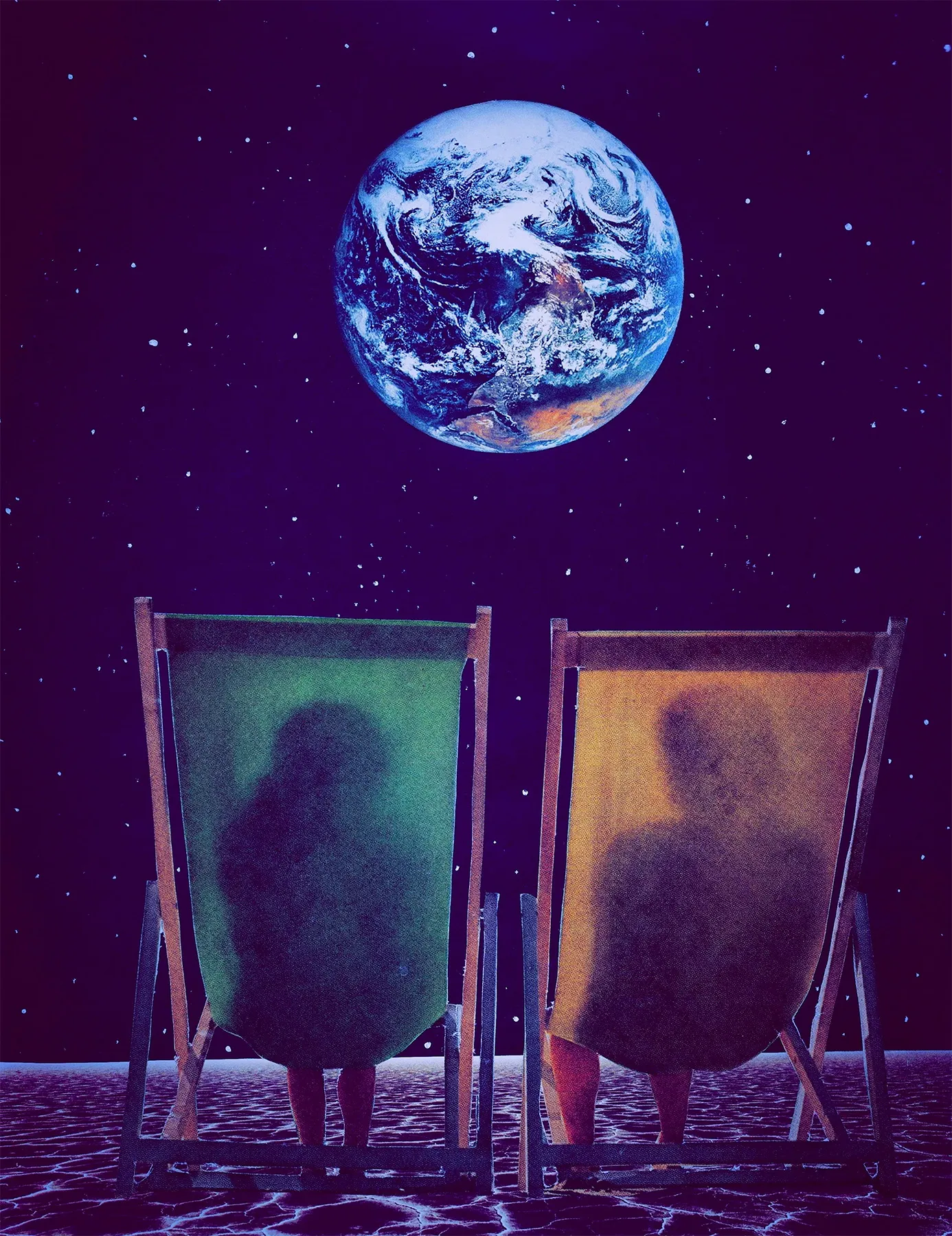Surreal collage of the backs of two people sitting in green and yellow lawn chairs. They are seated on the moons surface, looking at planet Earth that is miles and miles away.