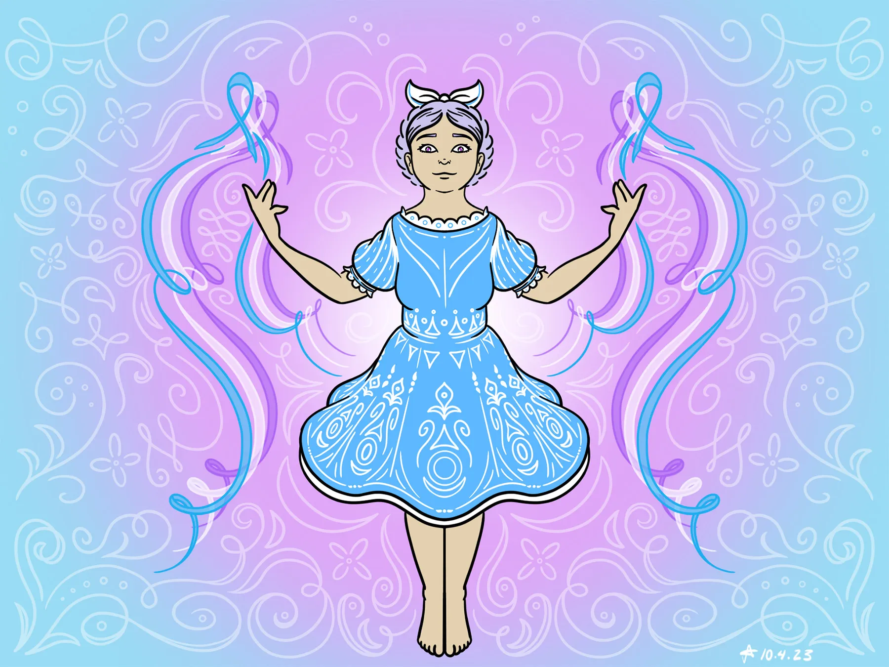 Illustration of a white girl with lavender eyes and Heidi braids, wearing a blue dress covered in white spiral patterns. The girl's skirt flows around her and her arms are outstretched, as purple, white and blue ribbons swirl around her like butterfly wings. Behind her, a lilac and sky blue background is covered in a tracery of translucent white spirals and floral patterns.
