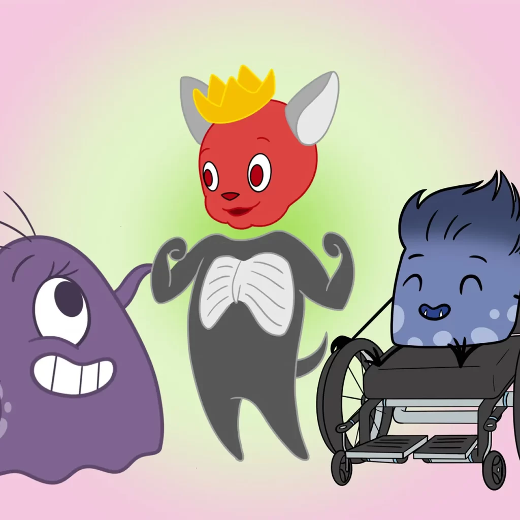 Three stylized cartoon characters against a pink background. On the left, Gya (Fibromyalgia) is blobby and purple with one eye and an arm in a cast. On the right, Mya (ME/CFS) is square and blue with a blue tuft of hair, and uses a wheelchair. In the centre, Connor (Long Covid) has a grey body with white lung-like chest markings, a long tail, and a red cat-like head wearing a gold crown (or corona). Connor flexes their arms as they introduce themself, emitting a green glow.