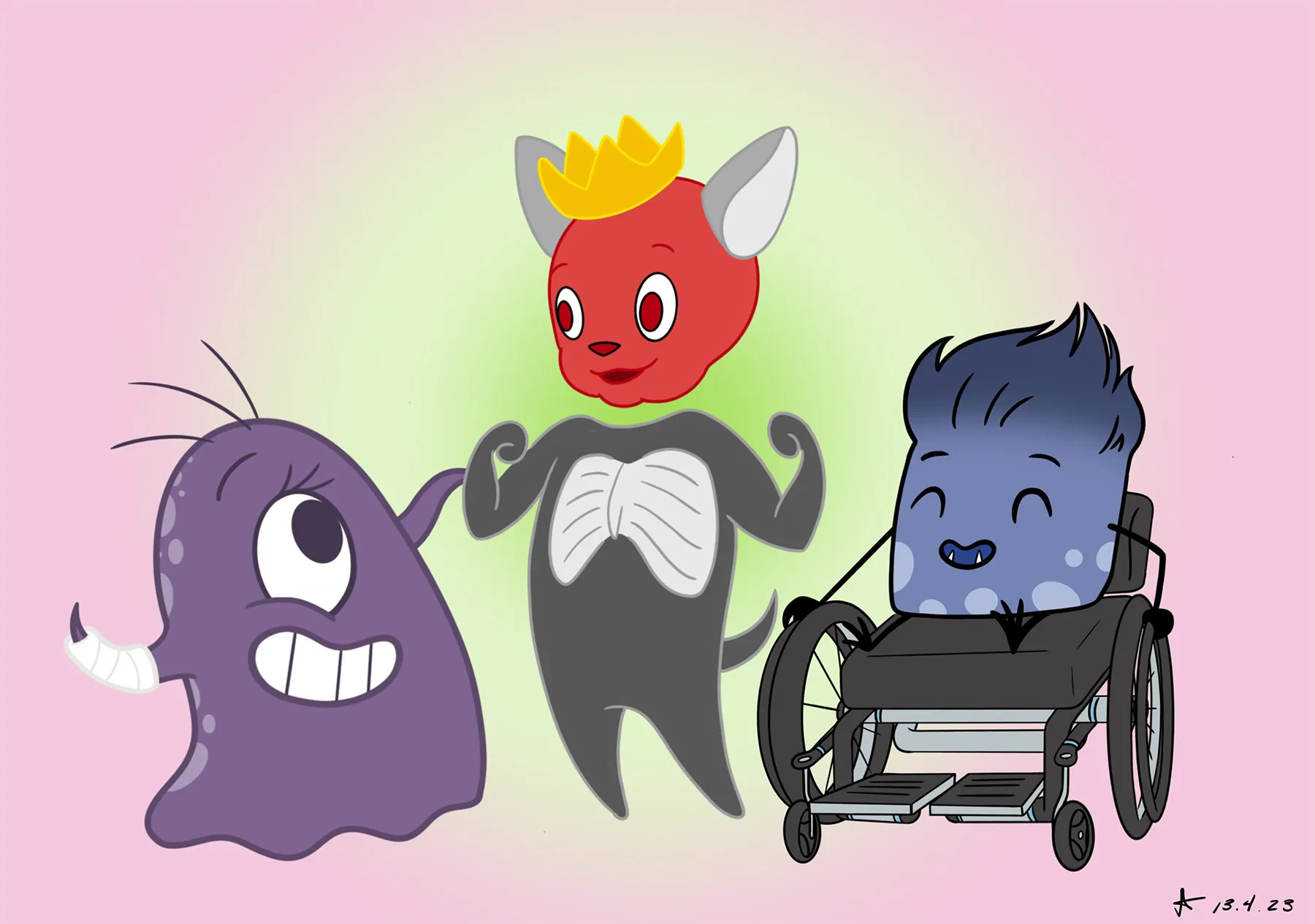Three stylized cartoon characters against a pink background. On the left, Gya (Fibromyalgia) is blobby and purple with one eye and an arm in a cast. On the right, Mya (ME/CFS) is square and blue with a blue tuft of hair, and uses a wheelchair. In the centre, Connor (Long Covid) has a grey body with white lung-like chest markings, a long tail, and a red cat-like head wearing a gold crown (or corona). Connor flexes their arms as they introduce themself, emitting a green glow.