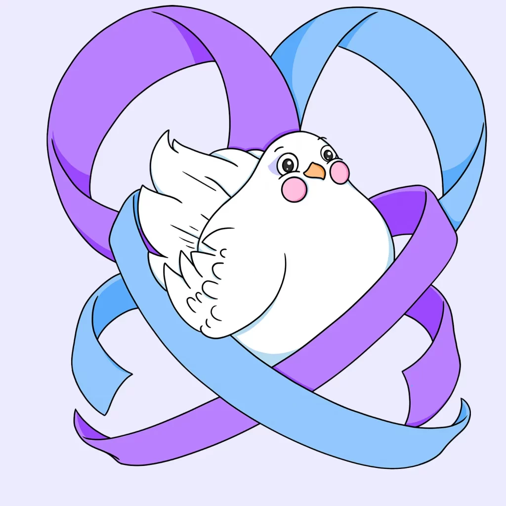 Cartoon-style illustration of a spherical white bird with round eyes and blushing pink cheeks, nestled in purple and blue awareness ribbons that flow around him to make the shape of a stylized heart.