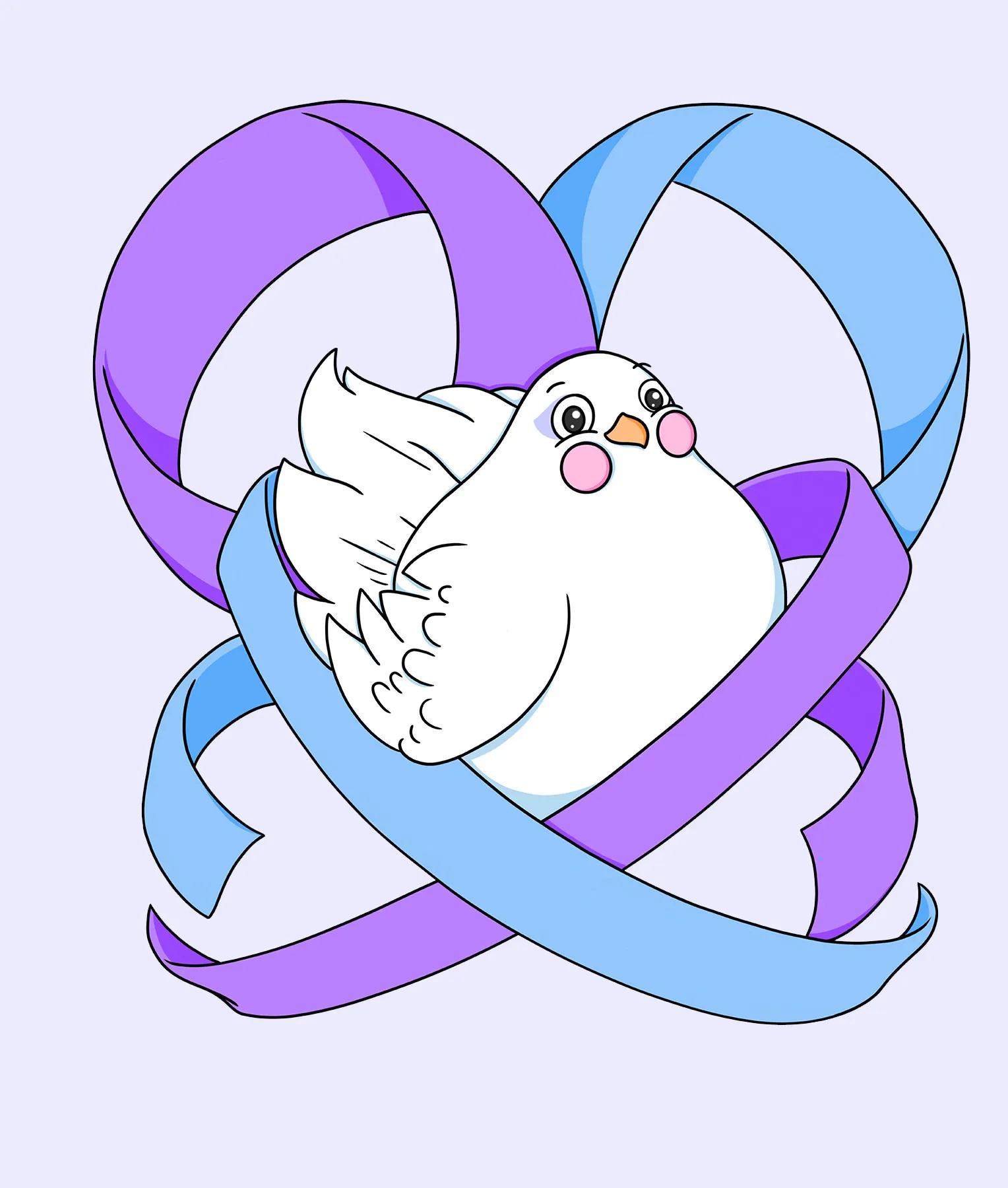 Cartoon-style illustration of a spherical white bird with round eyes and blushing pink cheeks, nestled in purple and blue awareness ribbons that flow around him to make the shape of a stylized heart.
