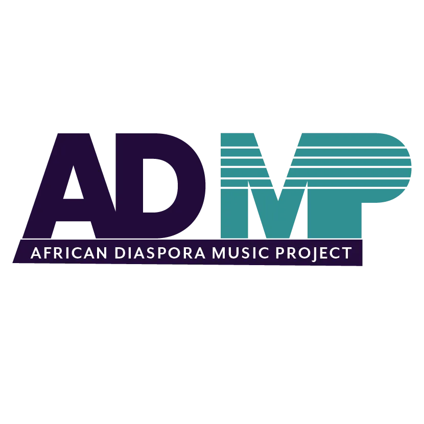 African Diaspora Music Project logo with ADMP in bold deep purple and teal lettering.