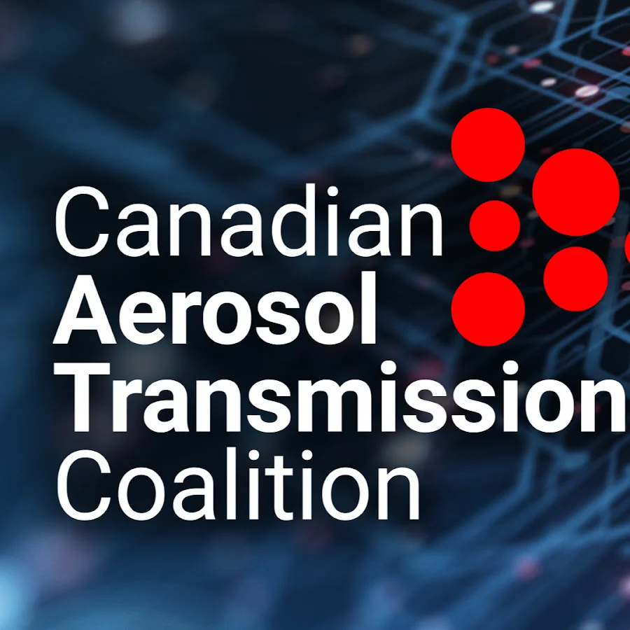 Logo for the Canadian Aerosol Transmission Coalition, with white text next to red circles like particles.