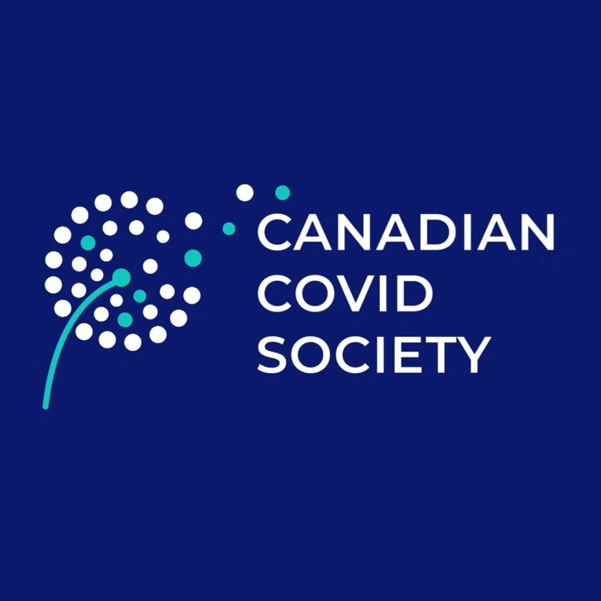 Canadian Covid Society with a blue background and white text, next to a stylized dandelion head that looks like a coronavirus