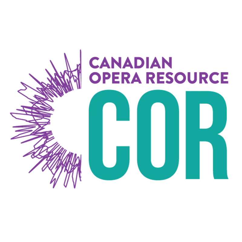 Purple and teal logo for the Canadian Opera Resource (COR), featuring a stylized sun ray-like half circle from Tapestry opera's logo