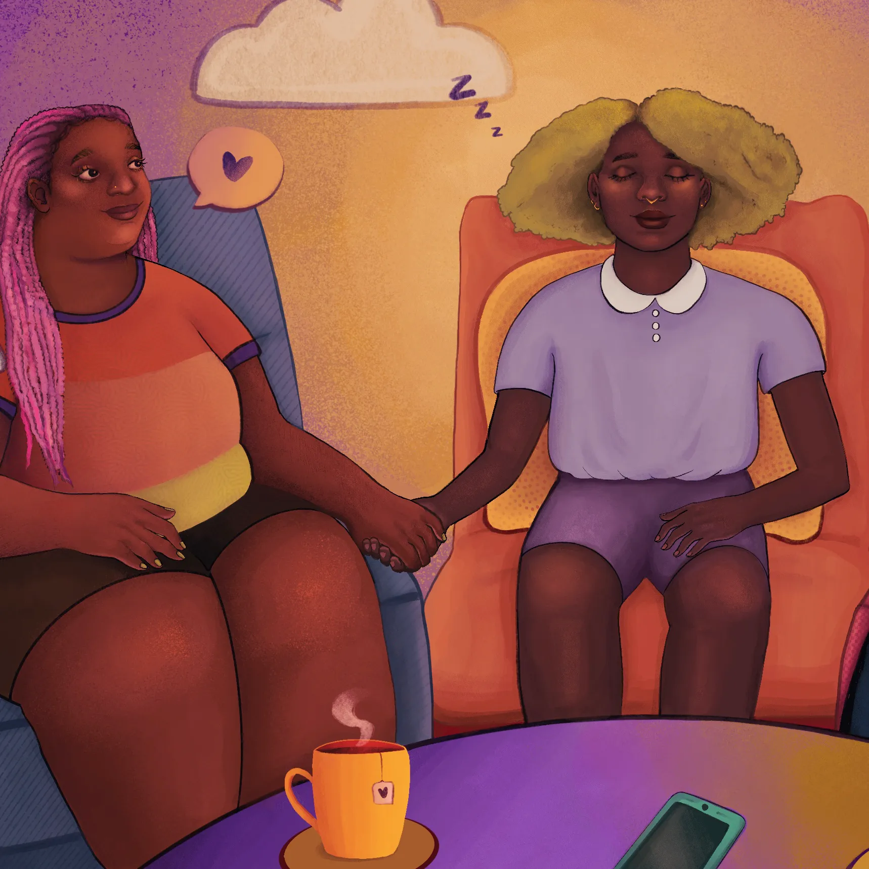Black friends sit in comfortable chairs and supportive recliners during an evening conversation. In the middle, a friend with narcolepsy falls asleep smiling while clouds drift behind her head. Her girlfriend sits to the left, holding her hand