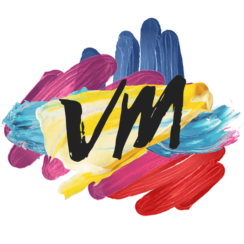 Voce Moderna logo with an inked black V and M over multicoloured paint daubs