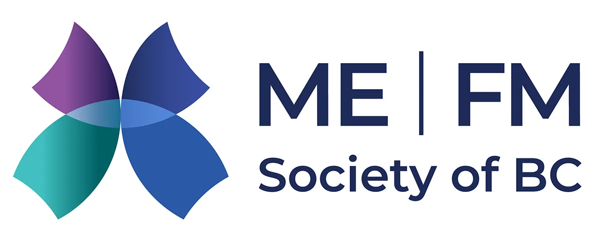 ME | FM Society of BC logo with navy blue text and a stylized blue, purple and teal butterfly