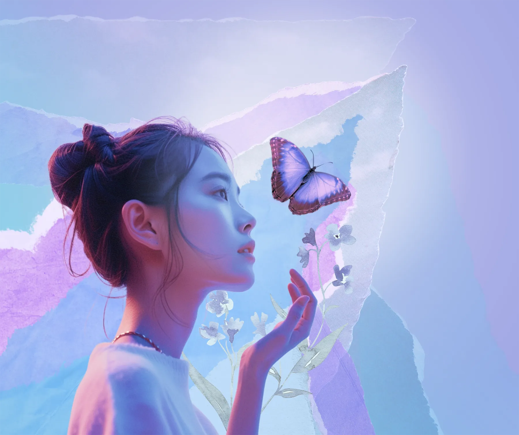 Side profile portrait of a young Asian woman with long black hair tied back in a loose bun. Her right hand is gracefully held up and slightly opened, with the palm facing the sky. A large purple butterfly hovers above, having just been released. Her gaze is held on the butterfly, in awe of its sheer beauty. Blue watercolour flowers can be seen in the background, weaving up to the sky behind her opened hand. The image has primary tones of violet, blue, and teal. The background contains layers of ripped paper of different colours and transparencies, to create a whimsical dream-like aesthetic.