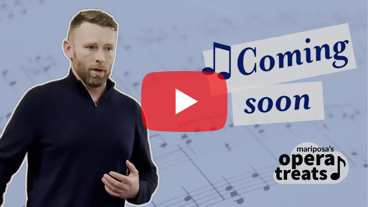 video thumbnail with play button over an image of Riley McMitchell mid performance against a lavender background of music notes, with the words Coming Soon and the Mariposa Opera Treats logo in the corner