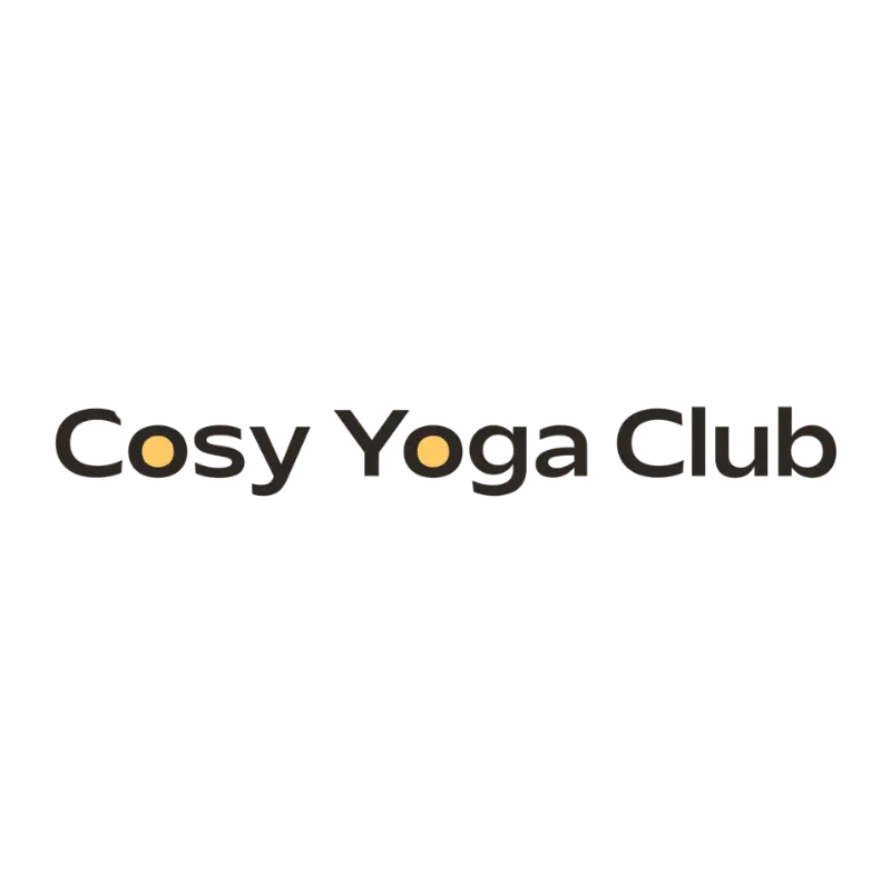 A graphic with white background. Text in black reads “Cosy Yoga Club.” The letters “o” are filled with yellow colour