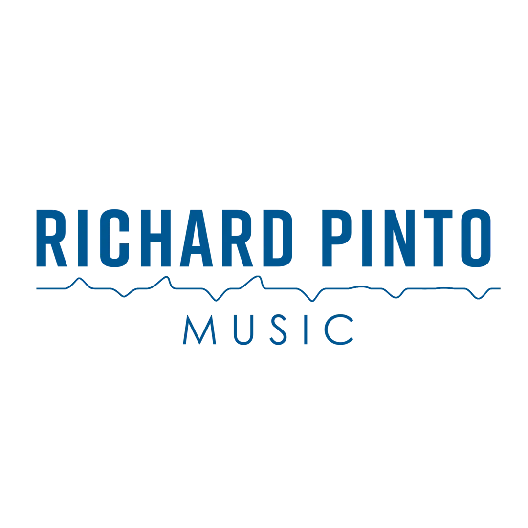 Blue logo with the capital letters Richard Pinto Music on either side of a sound wave line