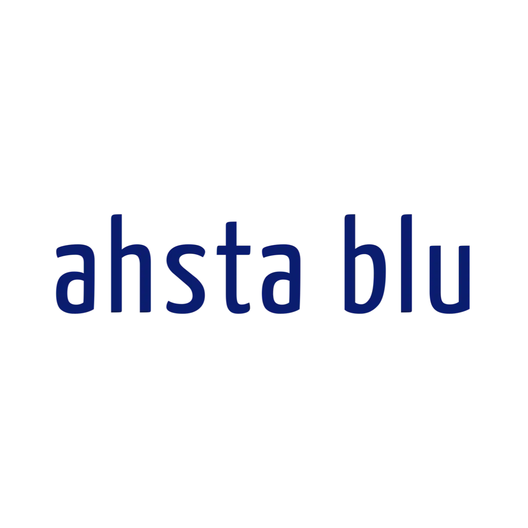 the name ahsta blu in all lower case letters, in dark blue