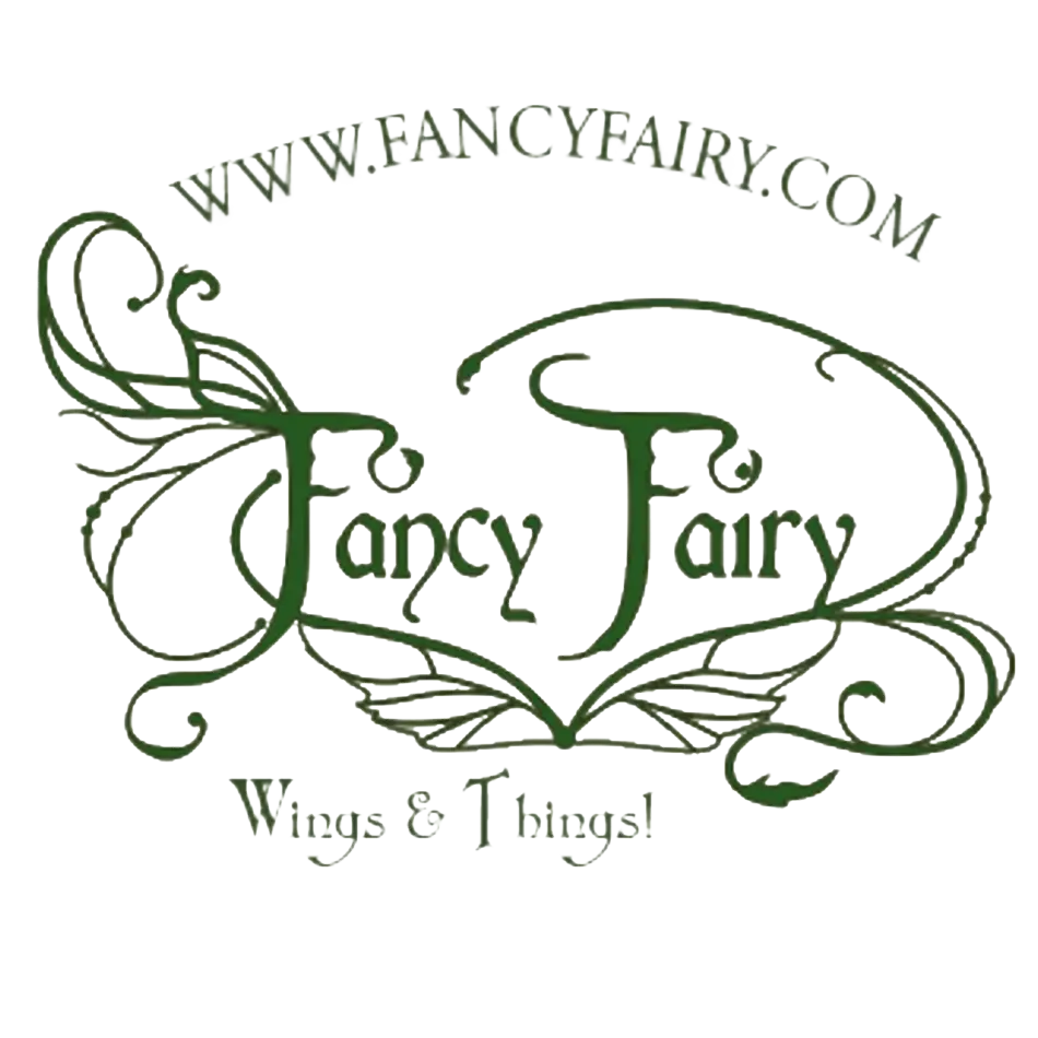 green Fancy Fairy Wings & Things logo with artistic text entwined with swirling wing details, underneath the website url www.FancyFairy.com