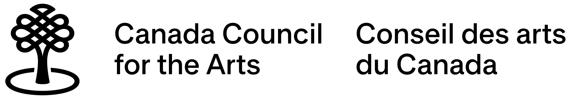 A black sans serif logo for Canada Council for the Arts / Conseil des arts du Canada features a stylized knot icon that looks like a tree or a key.