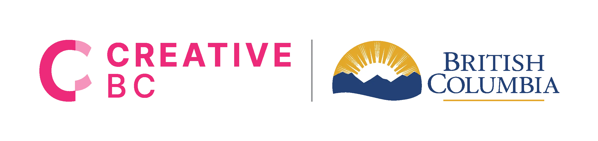 The Creative BC loo with pink text is alongside the logo for the Province of British Columbia, with a yellow sunrise over blue mountains