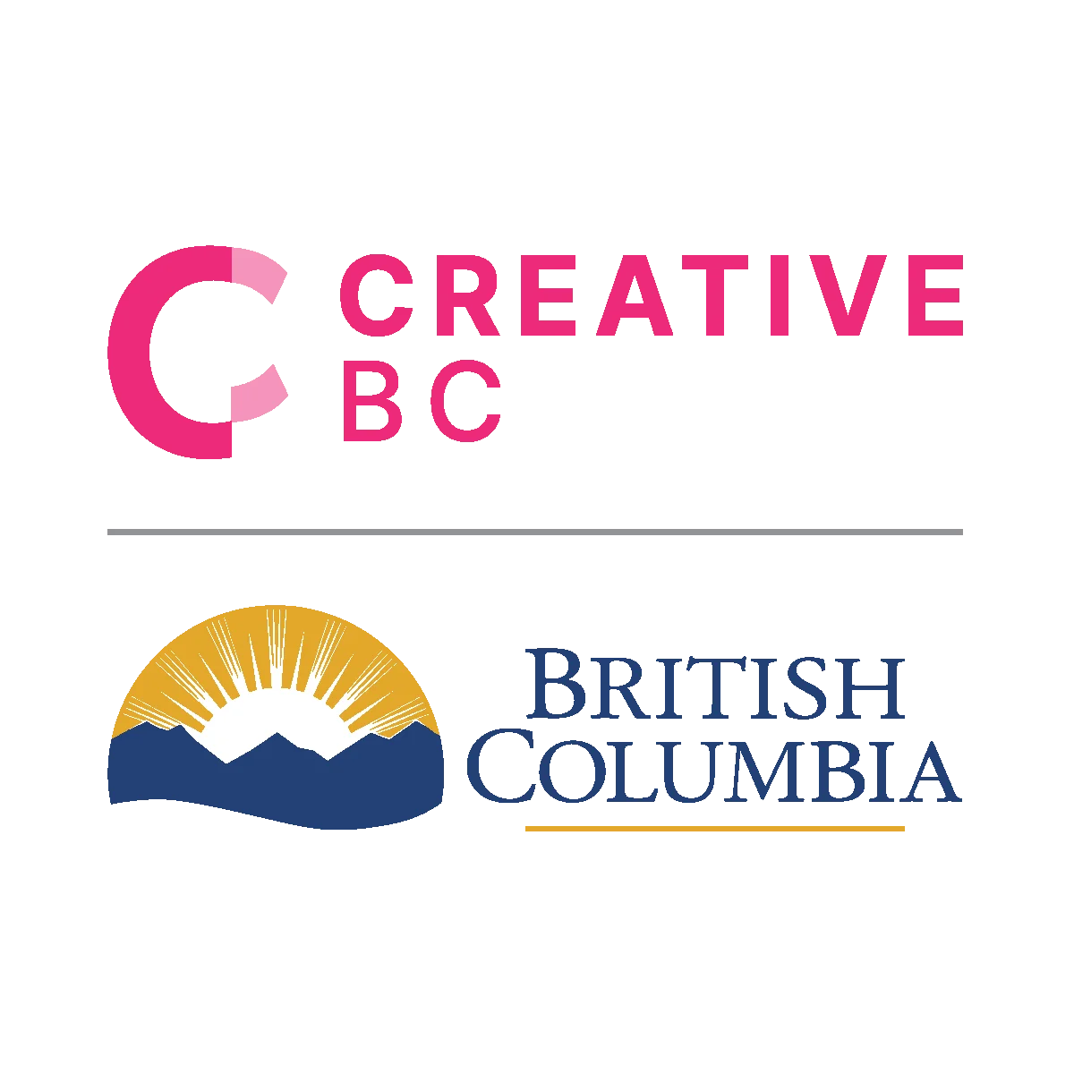 The Creative BC loo with pink text is alongside the logo for the Province of British Columbia, with a yellow sunrise over blue mountains