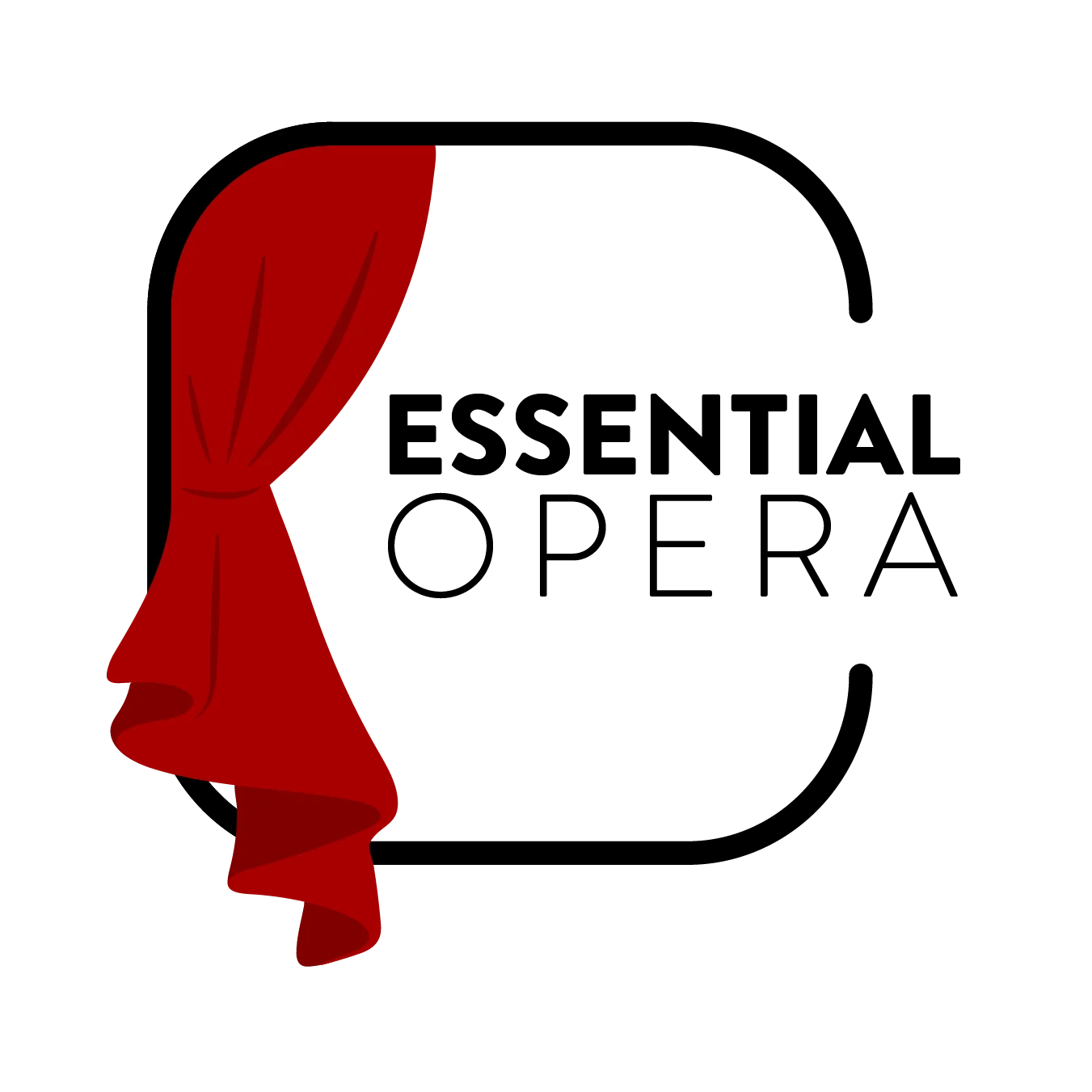 Essential Opera logo, featuring black text in a square frame and a red curtain