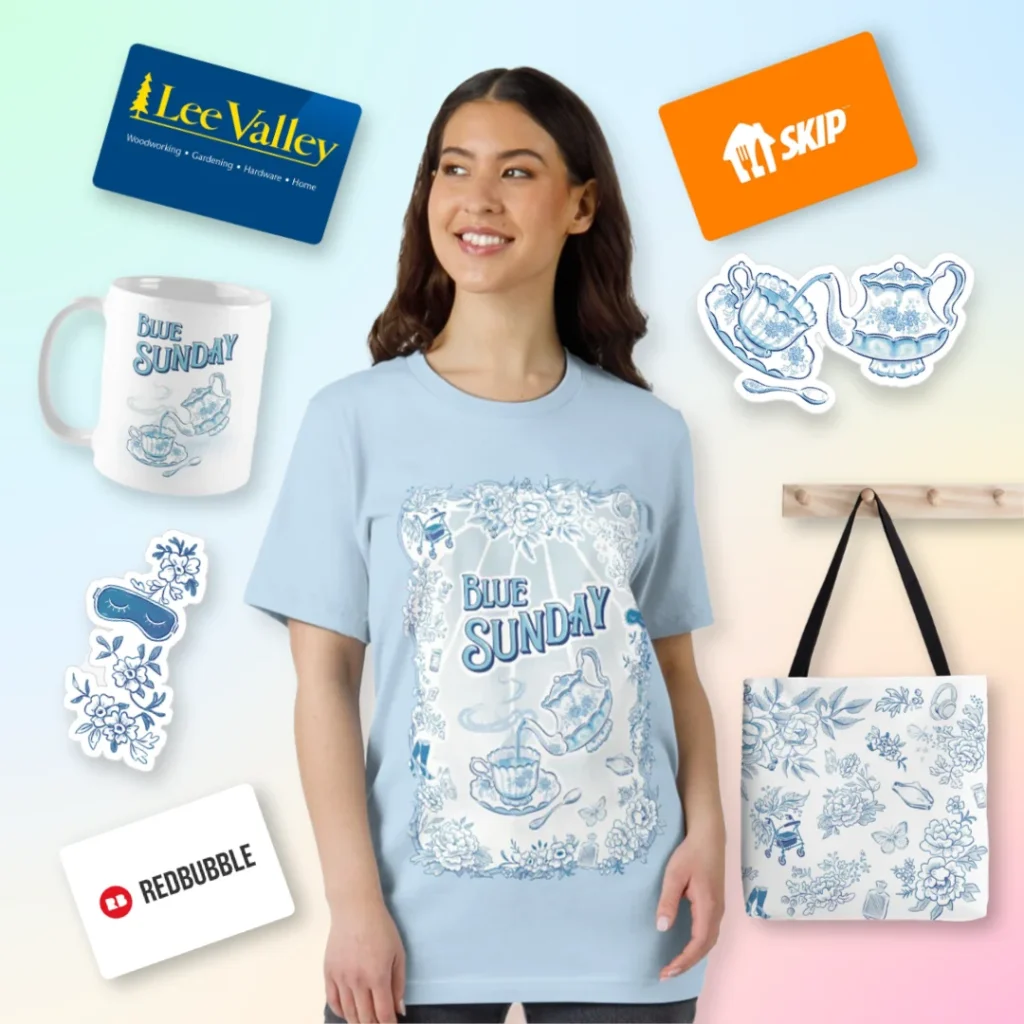 Graphic featuring assorted prizes against a rainbow background, including a Blue Sunday t-shirt (worn by an Asian woman with dark hair),  blue and white stickers, totes and a mug featuring illustrations by Grae Salisbury, and gift cards for Lee Valley, Skip the Dishes and Redbubble.