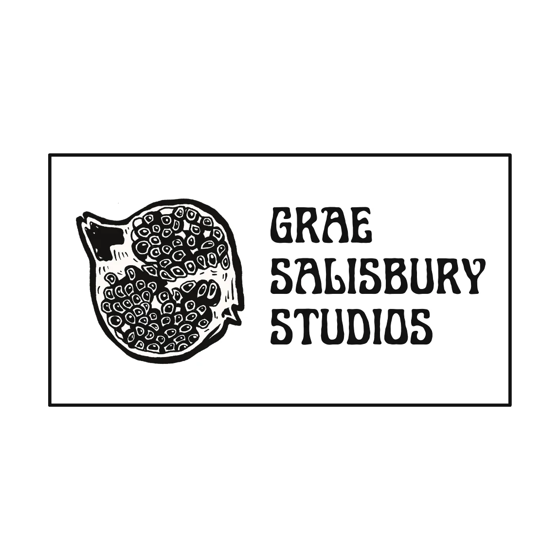 Grae Salisbury Studios logo with artistic text and a blackwork image of an open pomegranate