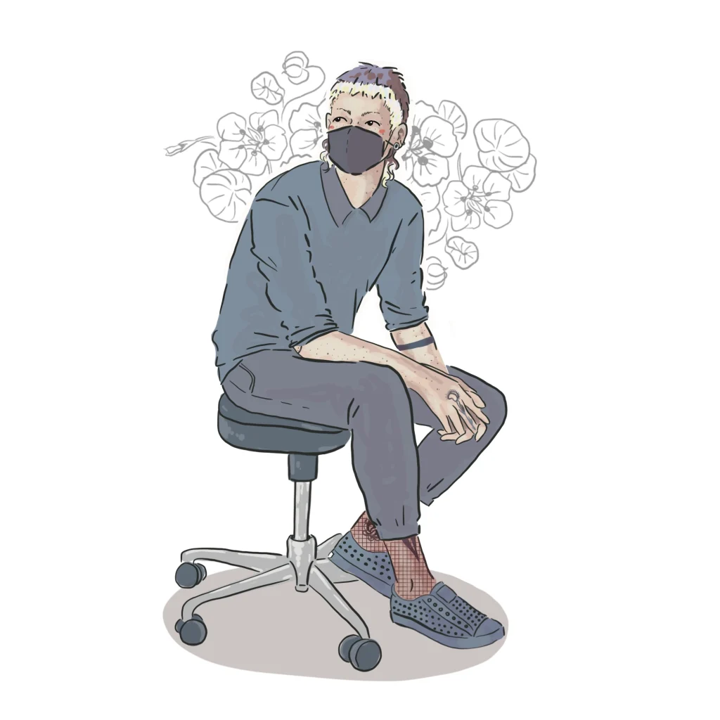 Self-portrait of Grae seated on a wheeled stool, with a linework illustration of nasturtium flowers and leaves behind them. Grae is a white early-30s genderqueer person with short-cropped hair that's dark at the crown and blond at the fringe. They're wearing a blue collared shirt, grey pants, trainers, and a black N95 mask.