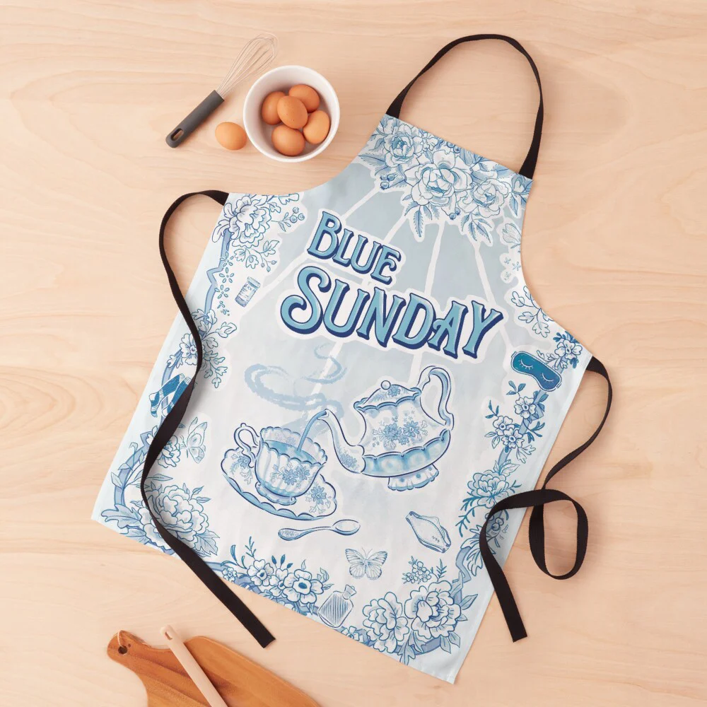 Flatlay of bowl of eggs and a light blue cooking apron with an illustration reminiscent of a Victorian teacup pattern, featuring floral elements interspersed with chronic illness accessories, around a teacup and teapot against rays of light. Victorian style text reads, Blue Sunday.